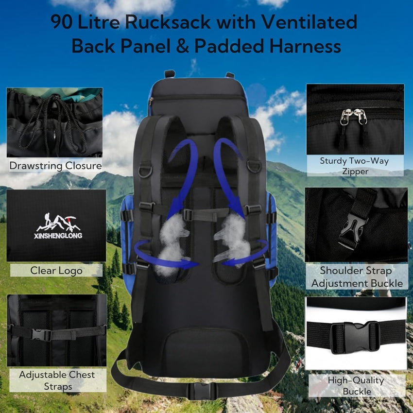 Fesky Large Waterproof Rucksack Lightweight Adjustable for Camping Hiking Ã¢ÂÂ Black 90L