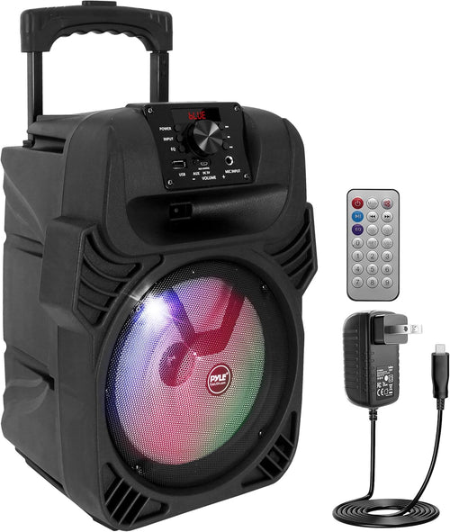 Pyle, Portable Dj Speaker System 400W, Bluetooth Pa Loudspeaker - 8" Subwoofer, USB/MP3/FM Radio/Mic Inputs, LED Lights, Rechargeable Battery w/Remote Control