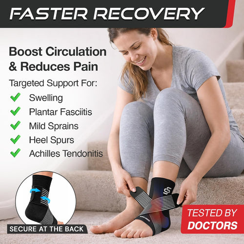 Ankle Brace Compression Sleeve for Sprain & Plantar Fasciitis Removable Strap S Black S (9-10in)