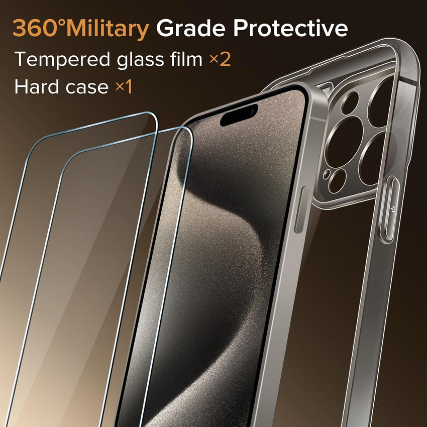 ivoler Clear Case Compatible with iPhone 15 Pro 6.1 inch, 1 Phone Case + 2 Tempered Glass Screen Protector, Non-Yellowing Military Shockproof Anti-Scratch Slim Phone Case Cover- Natural Titanium