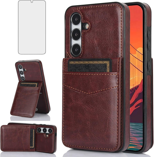 Asuwish Phone Case for Samsung Galaxy A35 5G with Tempered Glass Screen Protector Credit Card Holder Wallet Cover Stand Leather Cell Accessories Glaxay A 35 35A A355G SM-A356U A356E Women Men Brown