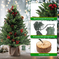 MaxEarn 60CM Mini Christmas Tree with 50 LED String Lights, DIY Artificial Christmas Tree with Star and Red Bowknots, Pine Cones and Red Berries Decoration for Xmas, Home, Kitchen, Dining Table Decor