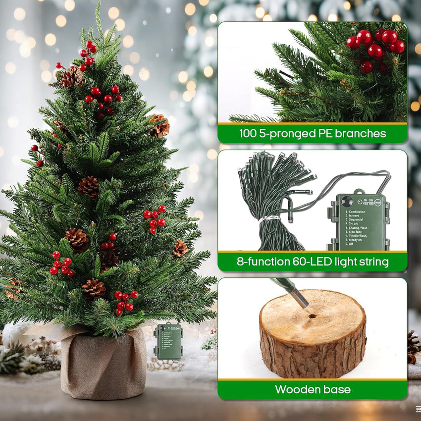 MaxEarn 60CM Mini Christmas Tree with 50 LED String Lights, DIY Artificial Christmas Tree with Star and Red Bowknots, Pine Cones and Red Berries Decoration for Xmas, Home, Kitchen, Dining Table Decor