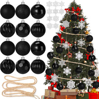 Aoriher 45 Pcs Christmas Tree Ornament Set,34pcs Christmas Ball Ornaments with Xmas Wooden Bead Garland Snowflake Ornaments for Xmas Tree Holiday Wedding Party Wreath Home Decoration(Black)