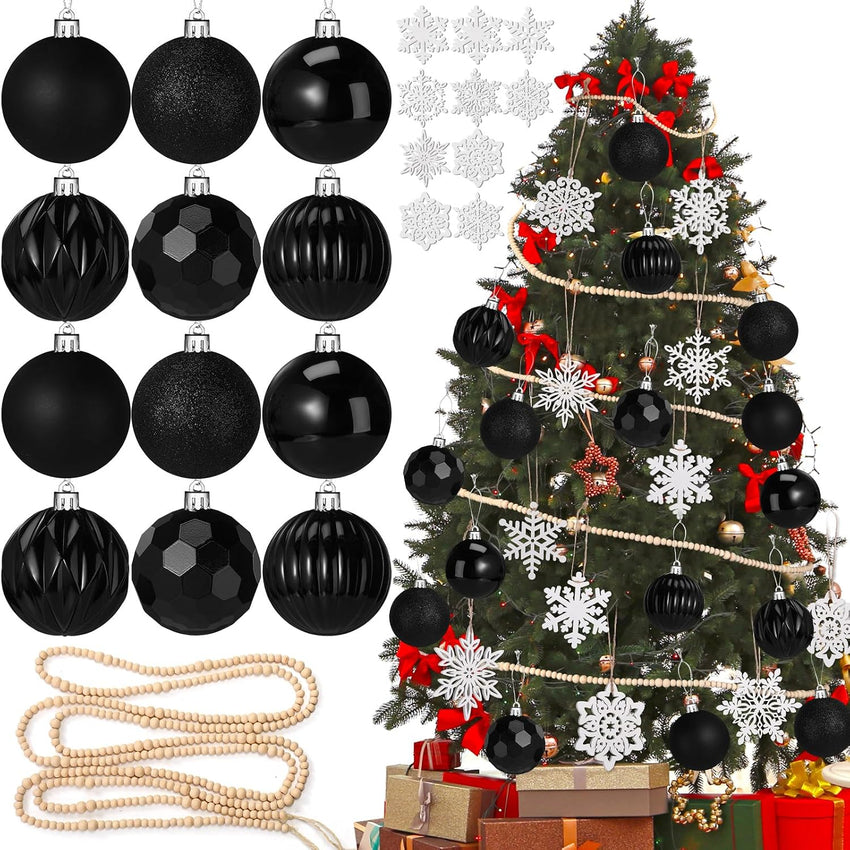 Aoriher 45 Pcs Christmas Tree Ornament Set,34pcs Christmas Ball Ornaments with Xmas Wooden Bead Garland Snowflake Ornaments for Xmas Tree Holiday Wedding Party Wreath Home Decoration(Black)