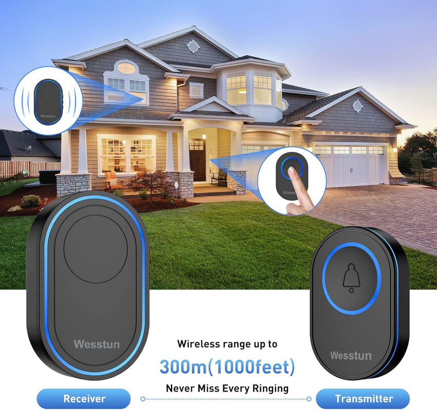 Wireless Doorbell, IP67 Waterproof Plug in Doorbell Kits Operating at The Range of 300m with 39 Loud Melodies, 5 Levels Volume Adjust & LED Indicator, Easy Install at Home & Apartment, Black