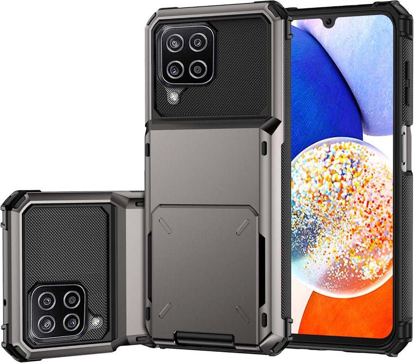 Draamvol for Samsung Galaxy A12 Phone Case with Card Holder Slots Armor Shockproof Flip Wallet Case Hard PU Back Soft TPU Inner Bumper Cover for Galaxy A12 Case, Grey
