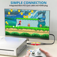 AUTOUTLET RCA to HDMI with 1080P/720P HD Support, AV to HDMI Converter, Long 150cm Cable, Plug & Play Mini Composite CVBS Audio Video Adapter for VCR, VHS, DVD Players and Classic Gaming Consoles