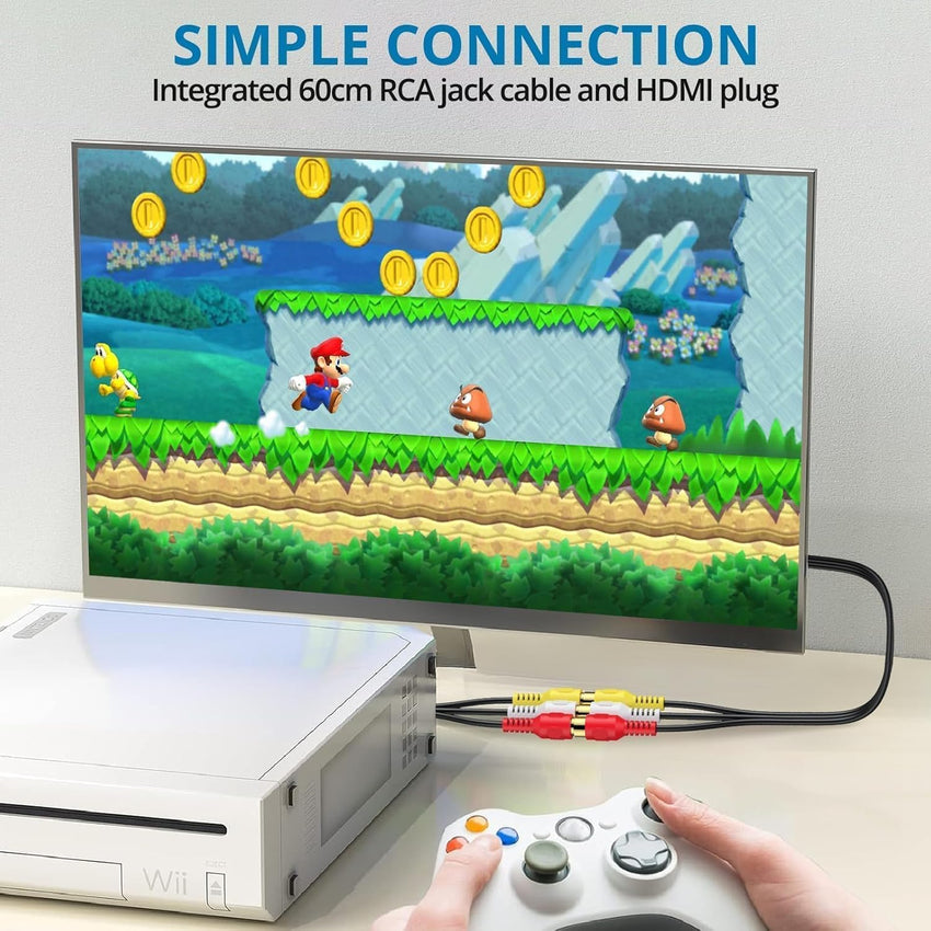 AUTOUTLET RCA to HDMI with 1080P/720P HD Support, AV to HDMI Converter, Long 150cm Cable, Plug & Play Mini Composite CVBS Audio Video Adapter for VCR, VHS, DVD Players and Classic Gaming Consoles