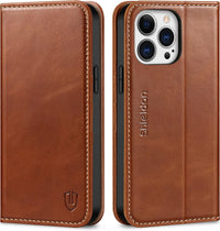 SHIELDON Wallet Case for iPhone 13 Pro Max 5G, Genuine Leather Folio Case [Magnetic][Shock Absorbing][RFID Blocking][Credit Card Slots][Kickstand] Compatible with iPhone 13 Pro Max 6.7", Retro Brown