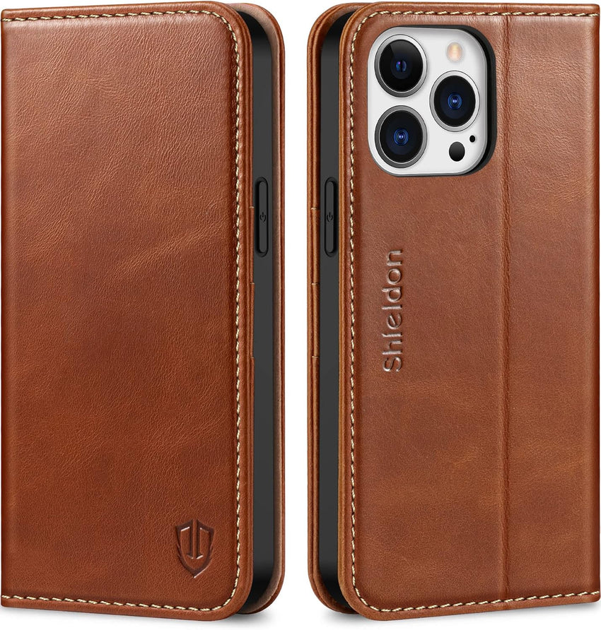 SHIELDON Wallet Case for iPhone 13 Pro Max 5G, Genuine Leather Folio Case [Magnetic][Shock Absorbing][RFID Blocking][Credit Card Slots][Kickstand] Compatible with iPhone 13 Pro Max 6.7", Retro Brown