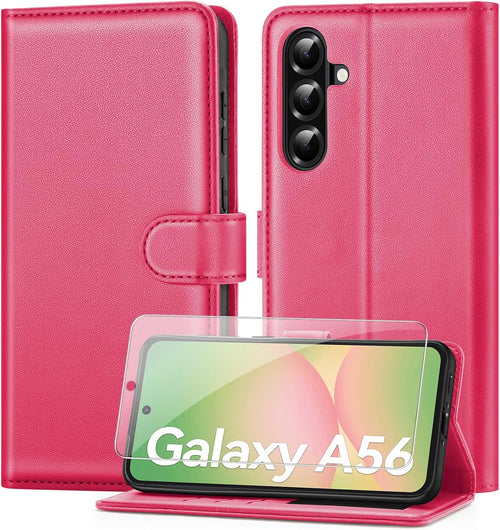ivencase Compatible with Samsung Galaxy A56 5G Phone Case with 1 Screen Protector, [RFID Blocking] PU Leather Flip Wallet Case with Card Slots Stand Magnetic Cover for Samsung A56 - Hot Pink