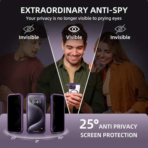 TIESZEN for iPhone 15 Pro Max Case, Compatible with MagSafe, Built-in Privacy Screen Protector and Camera Protection, Anti Spy Full Body Dustproof Shockproof Hard Phone Case 6.7", Purple