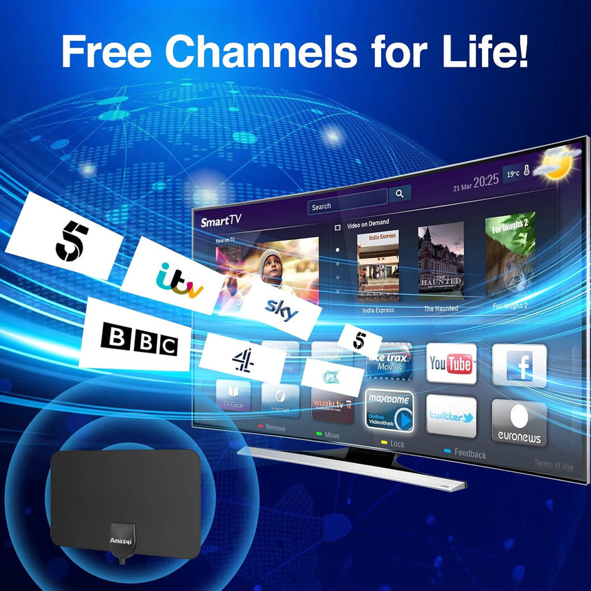 Amazqi TV Aerial Indoor-Amplified Smart Digital 4K 1080p TV Aerial 250+ Miles Long Range - Support All Older TV's with Amplifier Connector for Freeview Channels