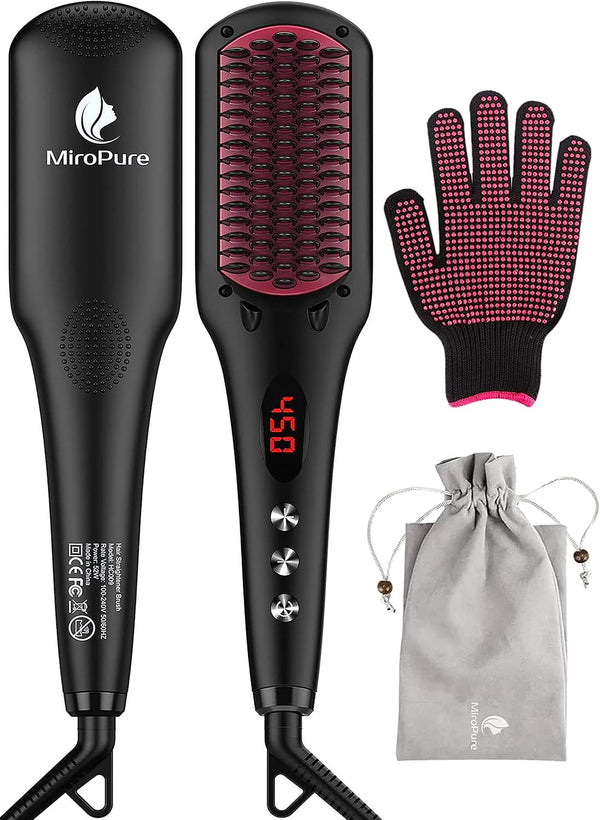 MiroPure 2 in 1 Ionic Hair Straightener Brush Hot Comb MCH Heating Smoothing Brush with 16 Settings, Dual Voltage