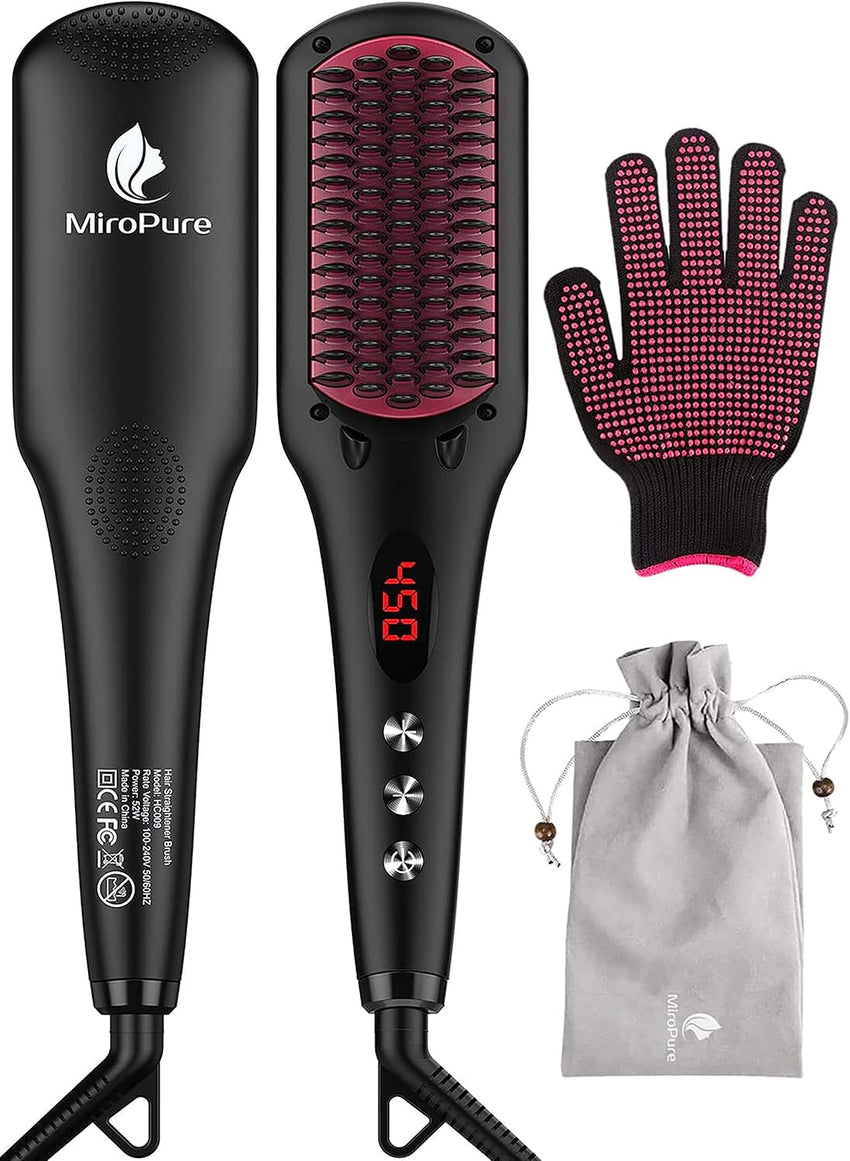 MiroPure 2 in 1 Ionic Hair Straightener Brush Hot Comb MCH Heating Smoothing Brush with 16 Settings, Dual Voltage