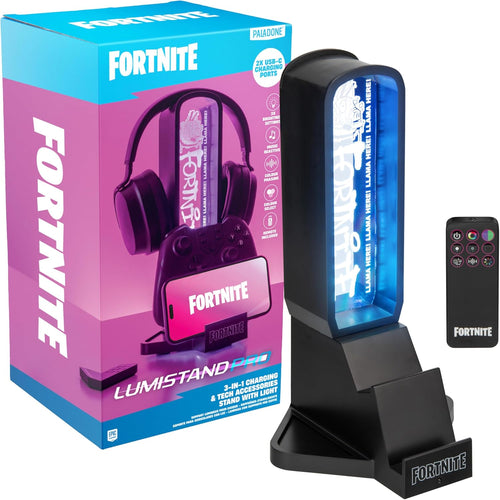 Paladone Fortnite 3-in-1 Headphone Stand and Tech Charging Station with Console Controller Cradle and 2 USB-C Ports, RGB Colour Changing Light Panel, Officially Licensed Gift for Gamers