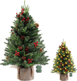 MaxEarn 60CM Mini Christmas Tree with 50 LED String Lights, DIY Artificial Christmas Tree with Star and Red Bowknots, Pine Cones and Red Berries Decoration for Xmas, Home, Kitchen, Dining Table Decor