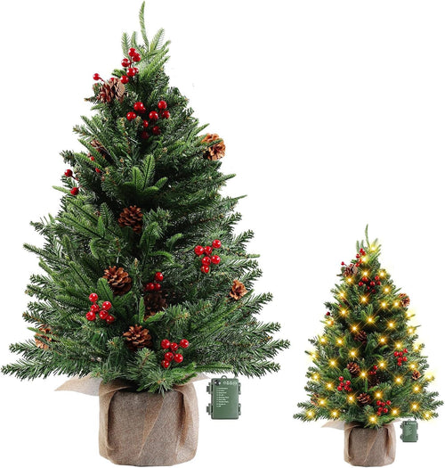 MaxEarn 60CM Mini Christmas Tree with 50 LED String Lights, DIY Artificial Christmas Tree with Star and Red Bowknots, Pine Cones and Red Berries Decoration for Xmas, Home, Kitchen, Dining Table Decor