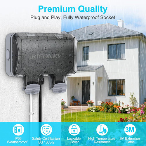 Weatherproof Outdoor Socket Waterproof Double Socket 3M Extension Lead IP66 Switched Wall Electrical Outlet 13 Amp 2 Gang Power Socket, Garden Outside Plug Sockets Cover Box