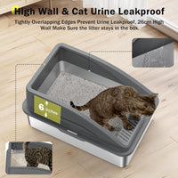FURTIME Stainless Steel Cat Litter Tray Grey with Detachable Enclosure, 31cm High Sided Cat Litter Box Anti-Spillage and 60cm Extra Large Litter Tray with Lid for All Cats, with Litter Scoop & Mat
