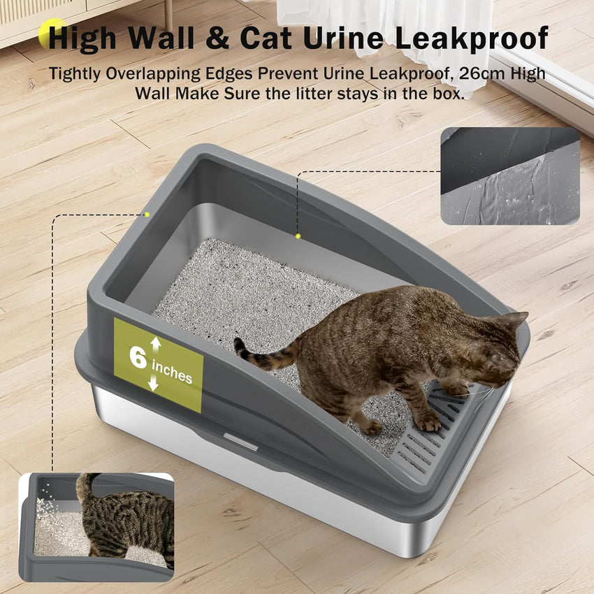 FURTIME Stainless Steel Cat Litter Tray Grey with Detachable Enclosure, 31cm High Sided Cat Litter Box Anti-Spillage and 60cm Extra Large Litter Tray with Lid for All Cats, with Litter Scoop & Mat