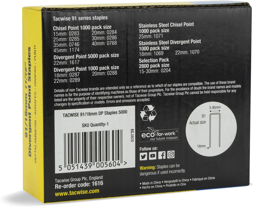 Tacwise Narrow Crown Staples Type 91 18mm Galvanised â Pack 5,000