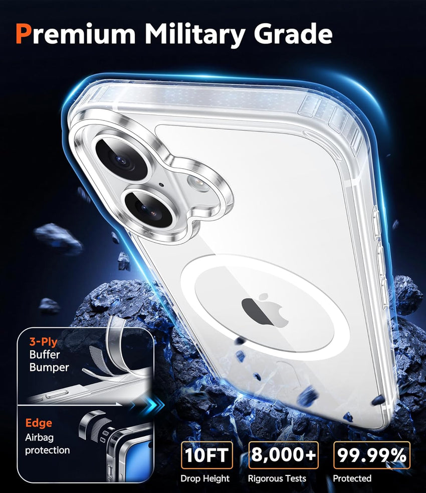 FNTCASE for iPhone 16 Case: Clear Magnetic Military Grade Drop Protection Anti Yellowing Slim Case - Rugged Shockproof Protective Transparent Cell Phone Cover(Clear)