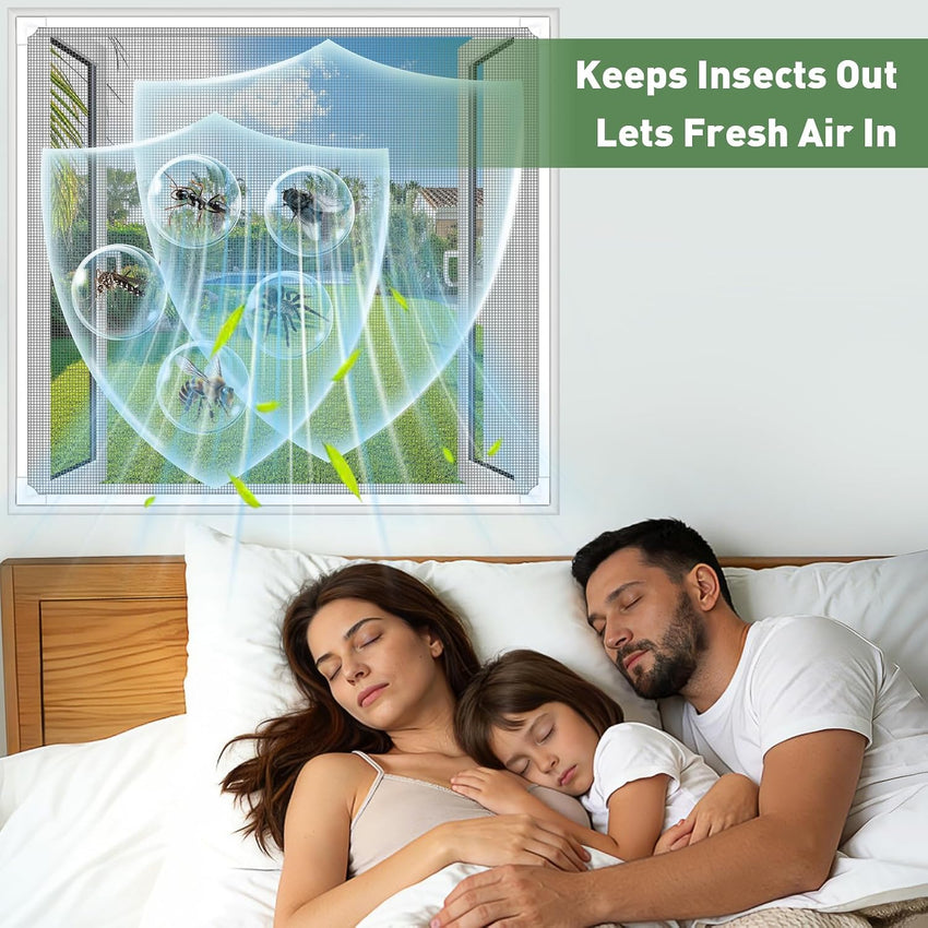 OWYR Adjustable Magnetic Fly Screen Window - DIY Fit Up to 120x130cm, Fiberglass Insect Mesh for Mosquito Net & Bug Screen, Full Frame Magnetic Strip Easy Installation (White Frame Grey Net)