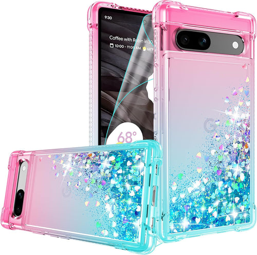 Pilaru for Google Pixel 7a Case [with Screen Protector] Clear Liquid Heart Glitter Soft TPU Bumper Cover Holographic Heart Girly Woman Protective Phone Case for Google Pixel 7a,Pink/Teal