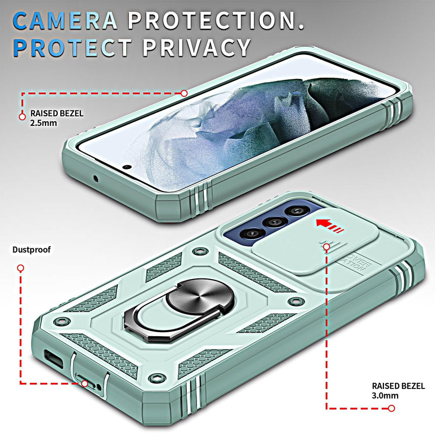 for Samsung Galaxy S21 FE Case with Camera Cover Slider, 2*Screen Protectors,Build in 360^0Rotating Ring Kickstand, Military Grade Protective Case for Galaxy S21 FE 5G 6.4"-Green