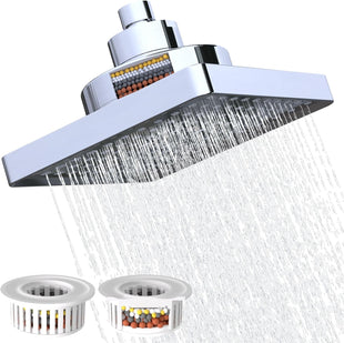 Rainfall Shower Head with Filter, 6 Inch Rain Shower Head High Pressure Overhead Replacement, Square Fixed Shower Head Adjustable with Swivel Ball, 2 Filter, Chrome