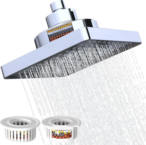 Rainfall Shower Head with Filter, 6 Inch Rain Shower Head High Pressure Overhead Replacement, Square Fixed Shower Head Adjustable with Swivel Ball, 2 Filter, Chrome