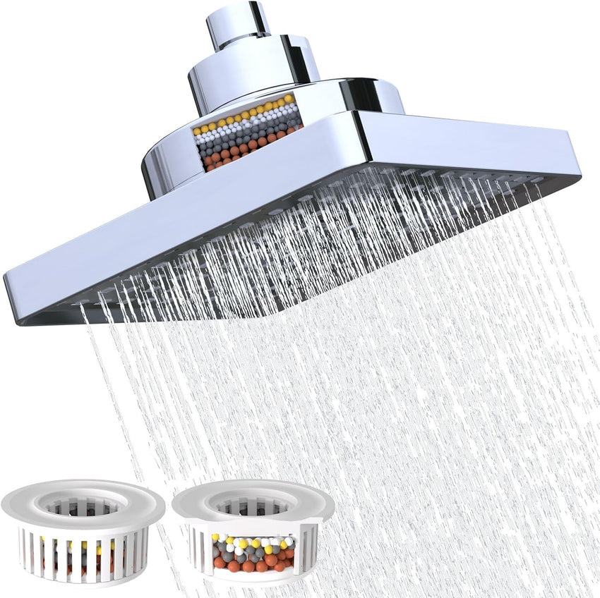 Rainfall Shower Head with Filter, 6 Inch Rain Shower Head High Pressure Overhead Replacement, Square Fixed Shower Head Adjustable with Swivel Ball, 2 Filter, Chrome