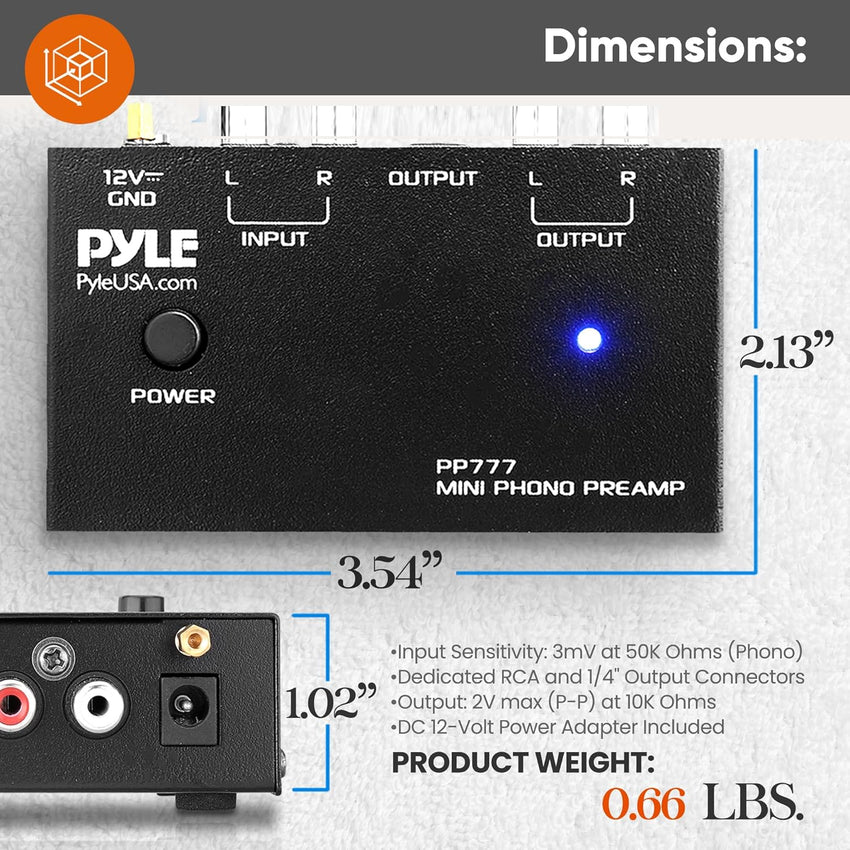 Pyle Output PP777 Phono Turntable Preamp Mini Electronic Audio Stereo Phonograph Preamplifier Input, RCA Output & Low Noise Operation Powered by 12 Volt DC Adapter
