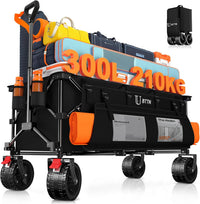 BTTN 300L Large Folding Festival Trolley on Wheels, 210kg Capacity Garden Cart with 18x10 cm Big All-Terrain Extra Wide Wheels, Portable Utility Storage Wagon for Shopping Camping Beach Garden, Black