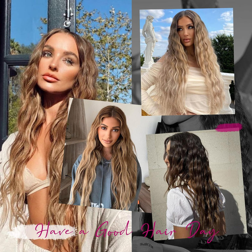 REECHO Clip in Hair Extensions, 5PCS Ash Blonde Hair Extensions 24" Thick Long Loose Waves hair extensions HE002 Invisible Lace Weft Natural Soft Hairpieces for Women Â¨C Ash Blonde with Highlights