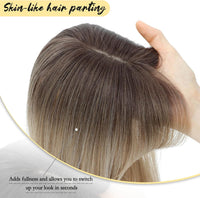 Peonymebeauty 4"X5" Base Clip in Fringe Hair Topper, 360Â°Cover Fake Bangs Hair Toppers for Women 18 Inch Natural Straight Hairpieces Add Volume Fiber Wiglets Ladies(Ombre Brown Blonde)