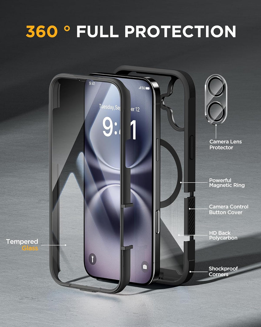 Miracase Magnetic Case for iPhone 16 Plus Case 6.7", [Upgraded Camera Control Cover],[Bubble Free] Built-in Tempered Glass Screen Protector, Full Body Bumper Case Compatible with Magsafe (Black)