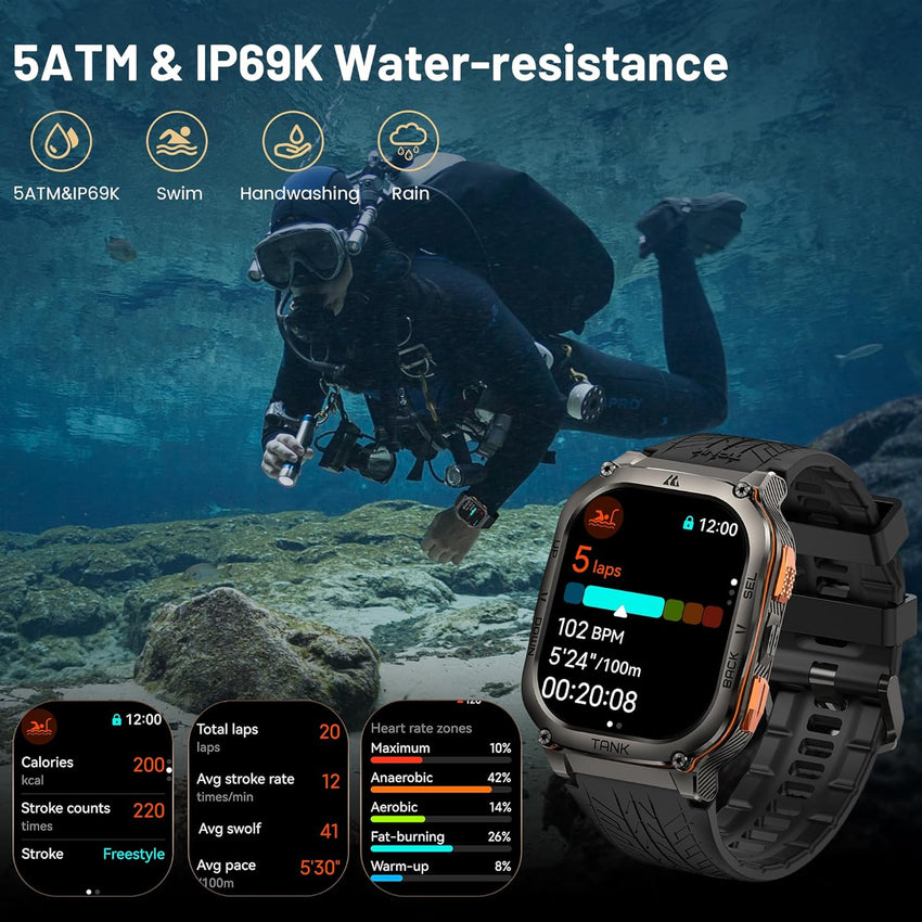 KOSPET Tank M3 Ultra Smart Watch with GPS, 1.96'' AMOLED HD Display, 480mAh Large Battery, 5ATM&IP69 Waterproof, AI Voice Assistant, Rugged Military Full Metal Body Smartwatch for Android iOS (Black)