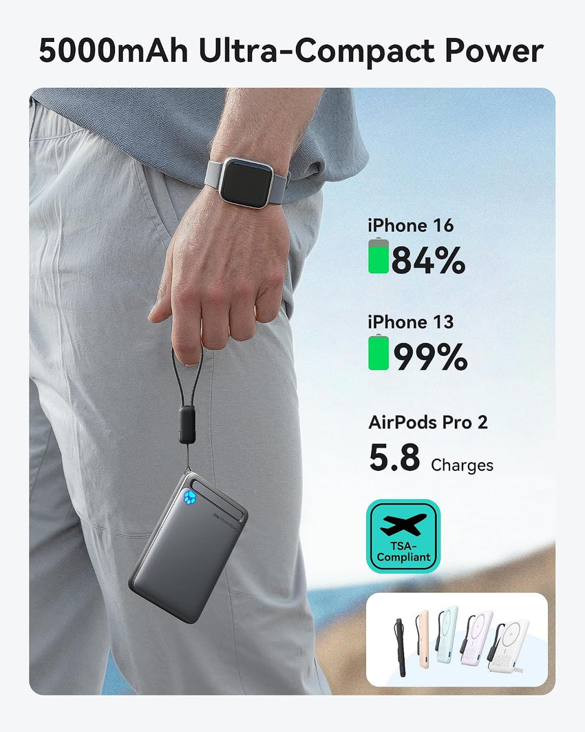 INIU Magnetic 5000mAh Power Bank Qi2 20W USB-C In/Out Foldable Stand - Blue