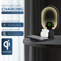 iN 3-in-1 Wireless Charging Station with Night Lamp for Apple Devices | Travel Stand, Fast Charger for iPhone16/15/14/13/12/11 | MagSafe Magnetic Charger for Apple Watch,AirPods,Fast Charge