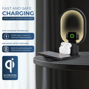 iN 3-in-1 Wireless Charging Station with Night Lamp for Apple Devices | Travel Stand, Fast Charger for iPhone16/15/14/13/12/11 | MagSafe Magnetic Charger for Apple Watch,AirPods,Fast Charge