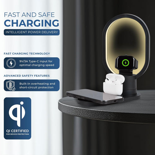 iN 3-in-1 Wireless Charging Station with Night Lamp for Apple Devices | Travel Stand, Fast Charger for iPhone16/15/14/13/12/11 | MagSafe Magnetic Charger for Apple Watch,AirPods,Fast Charge