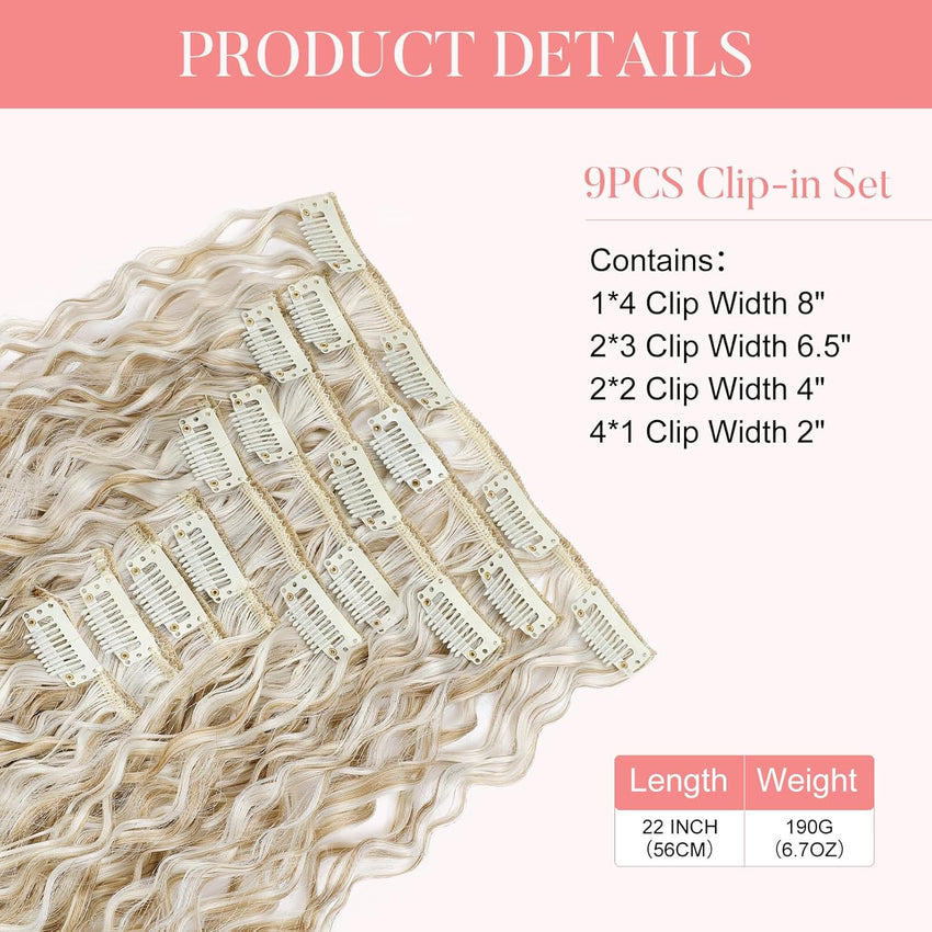 FLUFYMOOZ 9PCS Clip-in Hair Extensions Curly Synthetic Hair â Blonde/White Highlights