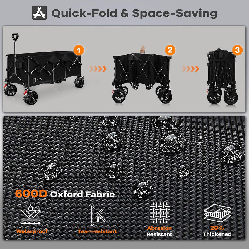 BTTN 300L Large Folding Festival Trolley on Wheels, 210kg Capacity Garden Cart with 18x10 cm Big All-Terrain Extra Wide Wheels, Portable Utility Storage Wagon for Shopping Camping Beach Garden, Black