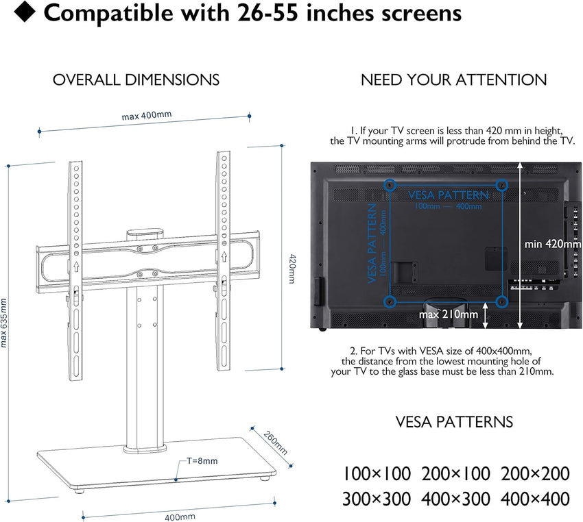 BONTEC Universal TV Stand for 24-60 Inch LCD LED OLED Plasma TVs, Height Adjustable Table Top Pedestal with Bracket, 8mm Tempered Glass Base, 45kg Load, Max VESA 400x400mm, Cable Management