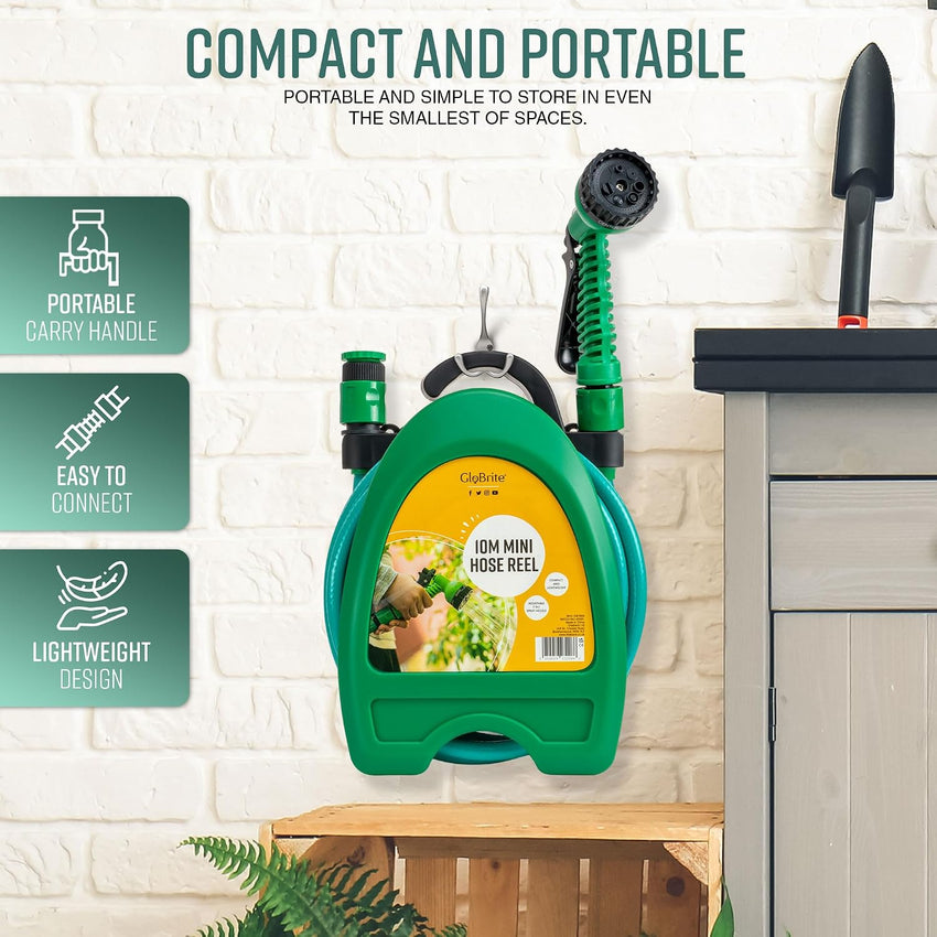 GloBrite Mini Hose Reel with 10m / 32ft Garden Hose Pipe Spray Gun & Adjustable Nozzle, Wall Mountable, Compact and Portable for Small Garden, Balconies, Watering for Pots and Outdoor Cleaning