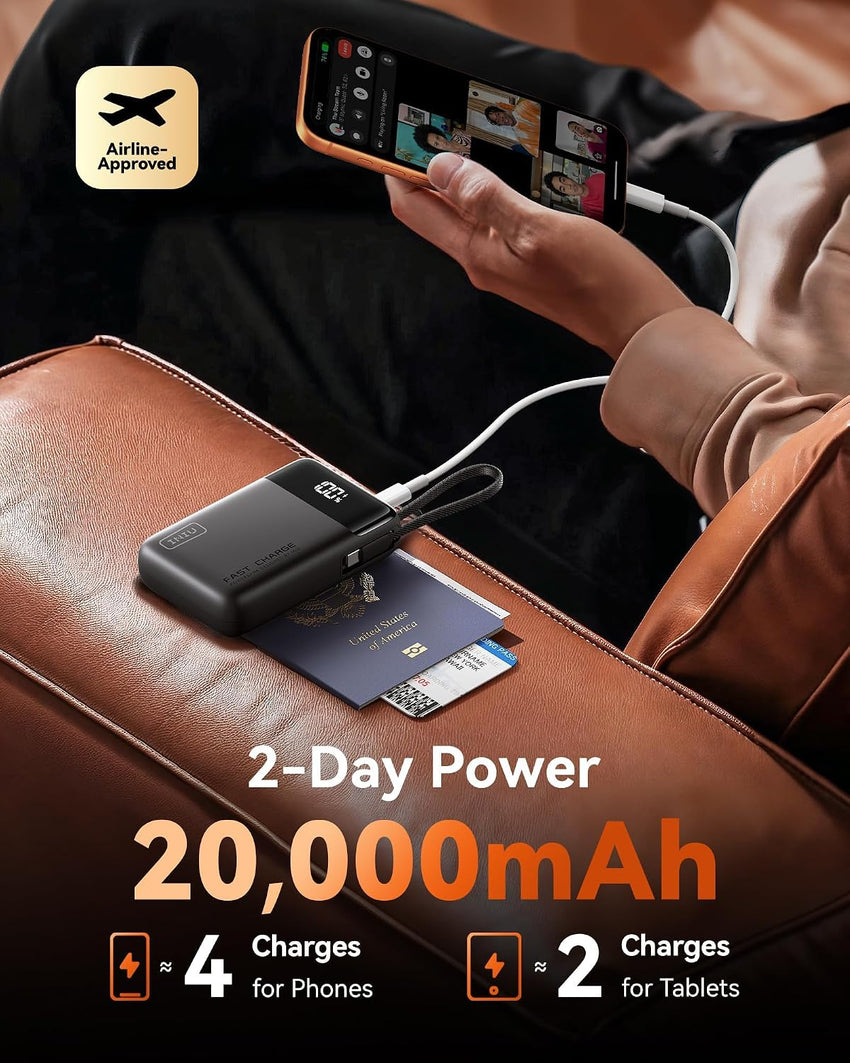INIU Portable Charger, Smallest 20000mAh Power Bank with Build in USB-C Cable, 22,5W PD Fast Charging USB C in&Out Battery Pack, External Phone Charger for iPhone 16 15 14 Samsung S25 S24 Google etc