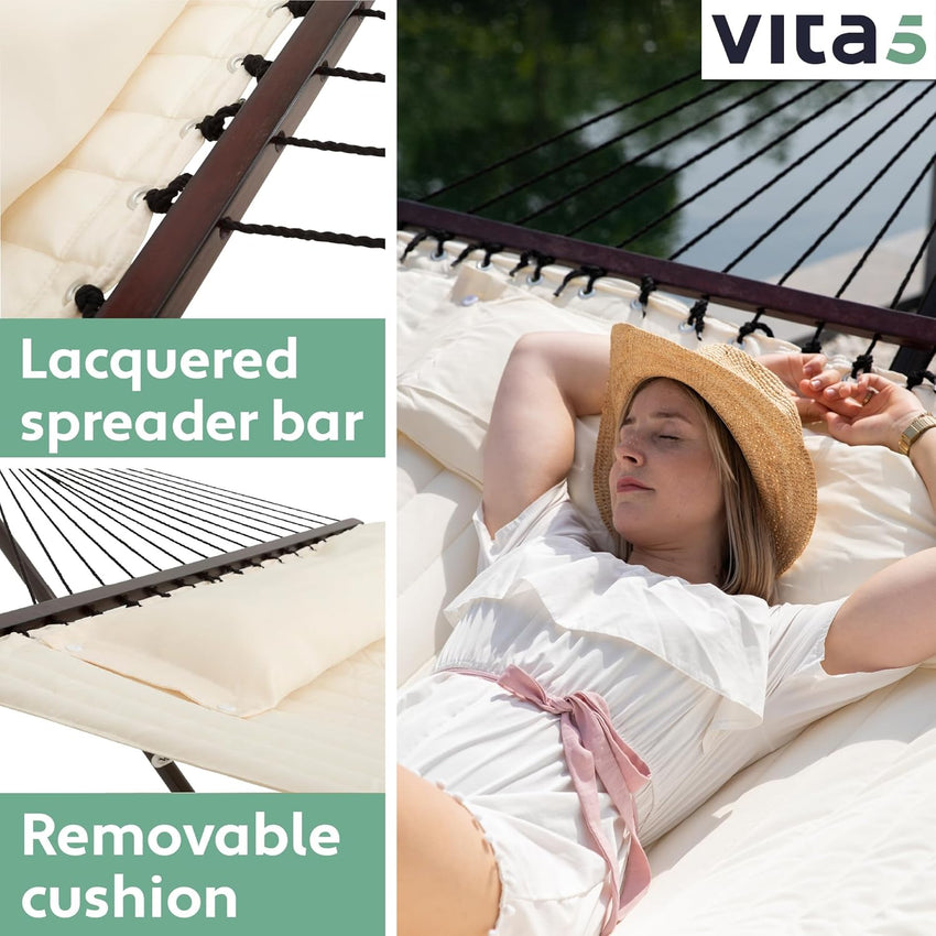Vita5 Hammock with Stand and Sidetable â 2 Person Garden Hammocks with Cup Holder & Detachable Pillow - Heavy Duty 200kg Capacity, Indoor & Outdoor Hammock: Patio, Pool, Backyard - Beige